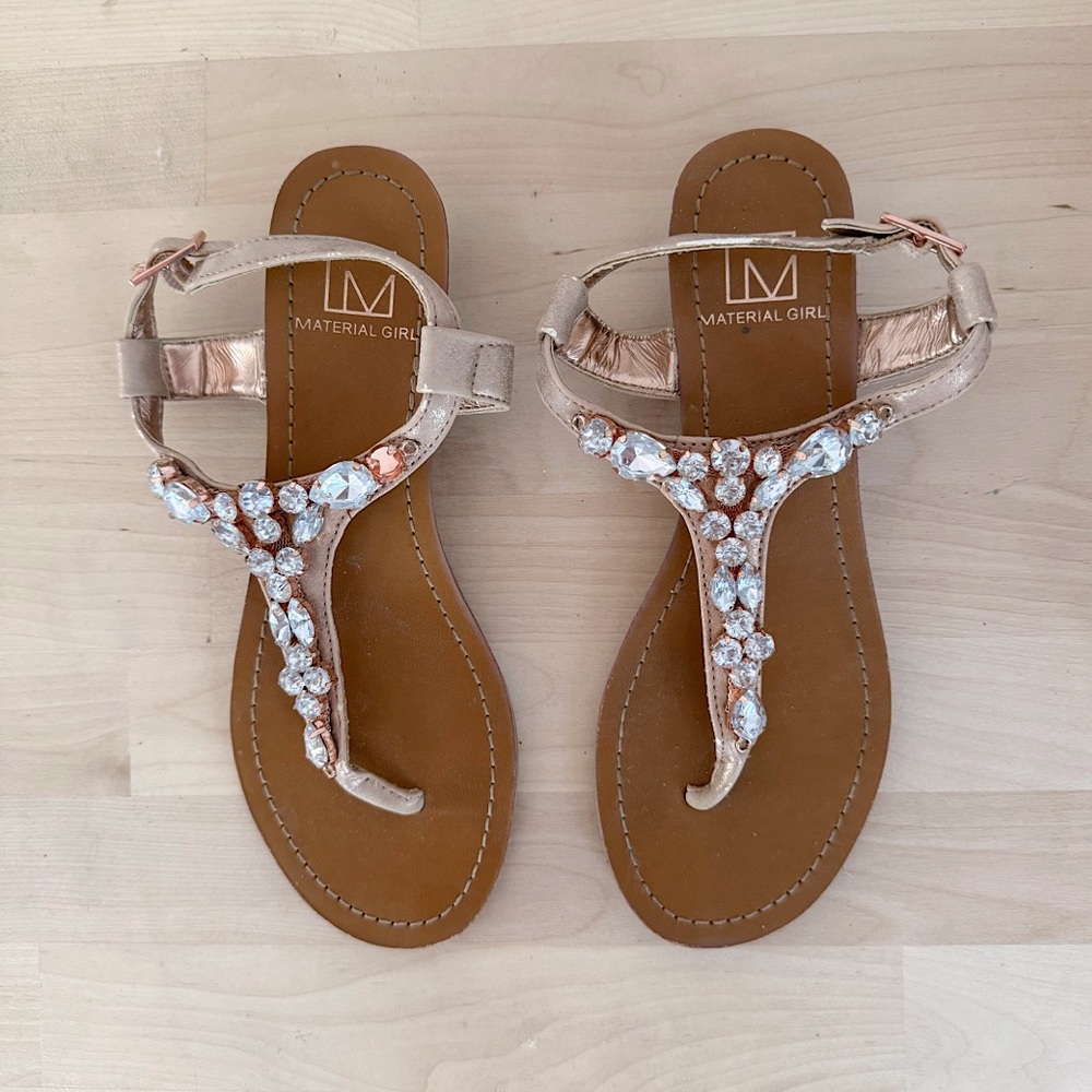 Material Girl Rhinestone T Strap Sandals Rose Gold Crystal Flat Glam Size 6